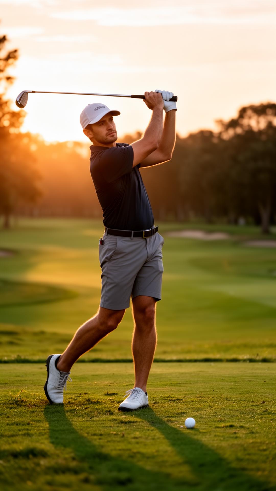Golf coach in mid-swing at sunset